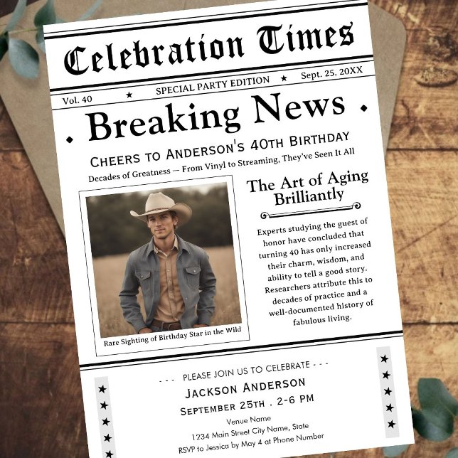 Cheers to 40! Newspaper Birthday  Invitation (Creator Uploaded)