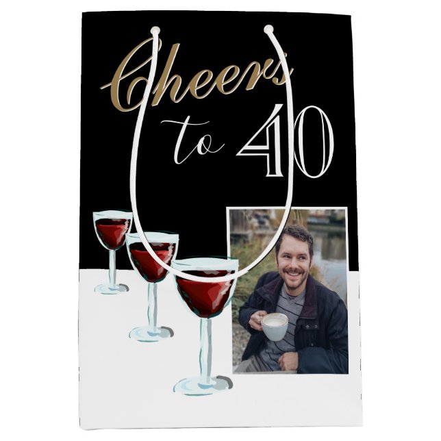 Cheers to 40 Red Wine Glass Photo 40th Birthday Medium Gift Bag (Front)