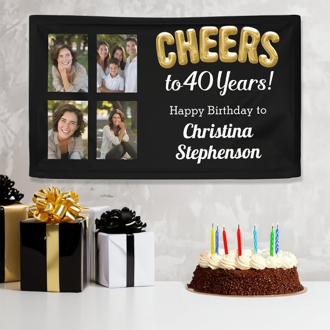 Cheers to 40 Years 4 Photo Collage 40th Birthday Banner (cheers to 40 years gold birthday banner)