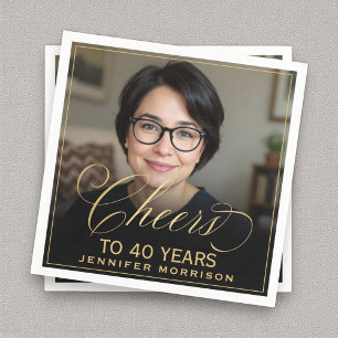 Cheers to 40 Years Birthday Photo Gold Black Napkin