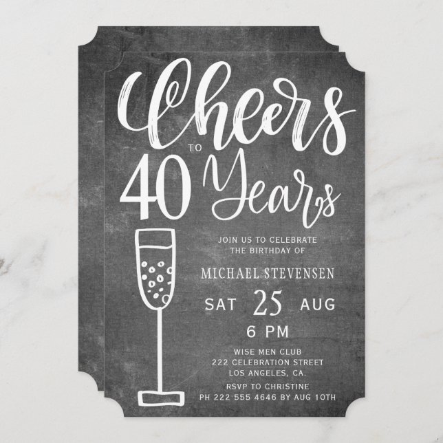 Cheers to 40 years black and white birthday party invitation (Front/Back)