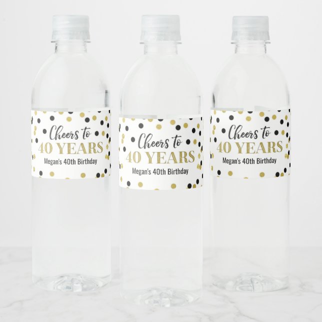 Cheers to 40 Years Black Gold Confetti Birthday Water Bottle Label (Bottles)