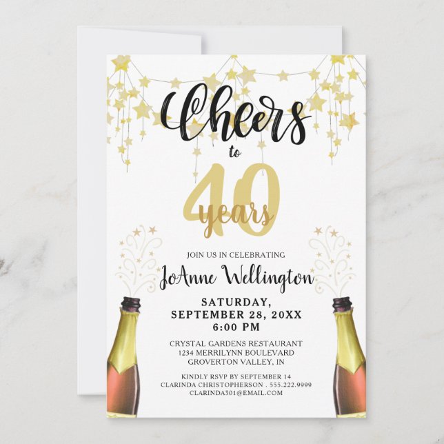 Cheers to 40 Years Black Gold Stars Script Invitation (Front)
