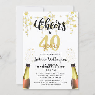 Cheers to 40 Years Black Gold Stars Script Invitation