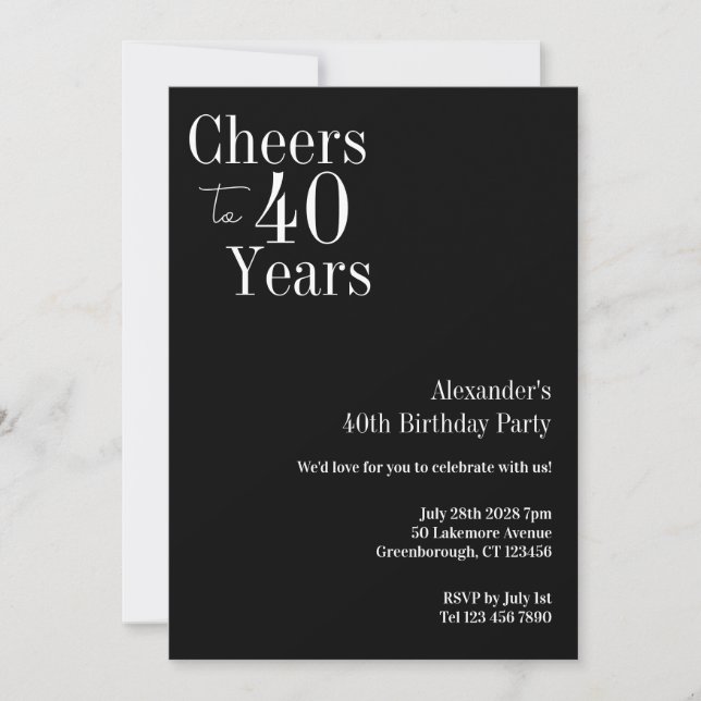 Cheers to 40 Years Black White 40th Birthday Party Invitation (Front)