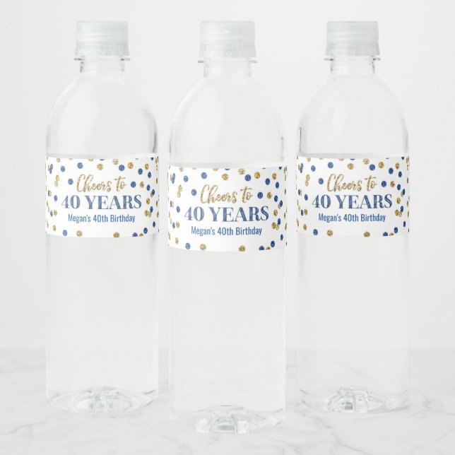 Cheers to 40 Years Blue Gold Confetti Birthday Water Bottle Label (Bottles)