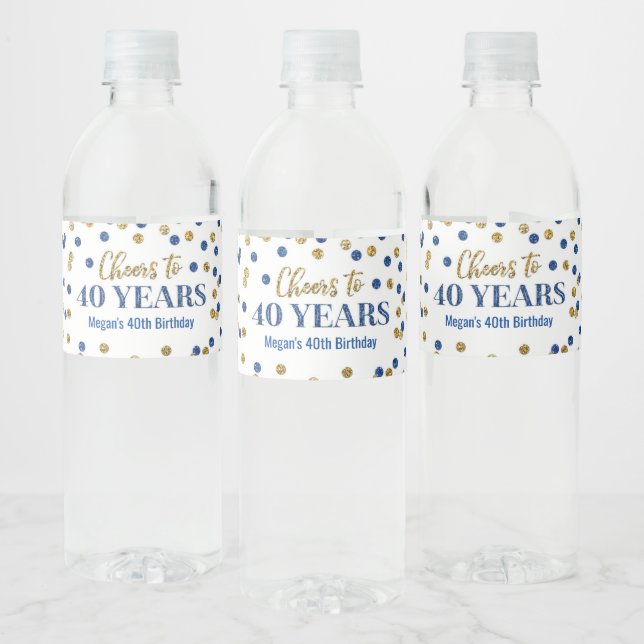 Cheers to 40 Years Blue Gold Confetti Birthday Water Bottle Label (Bottles)