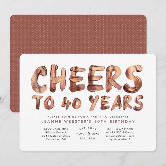Cheers to 40 years fortieth birthday rose gold invitation (Front/Back)