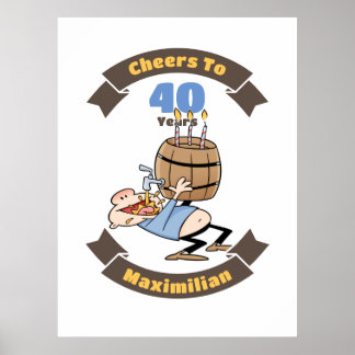 Cheers To 40 Years Funny Beer Birthday Cartoon Poster