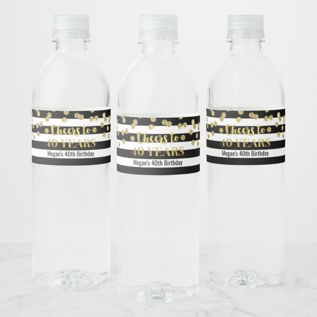 Cheers to 40 Years Gold Black Stripe Birthday Water Bottle Label (Bottles)