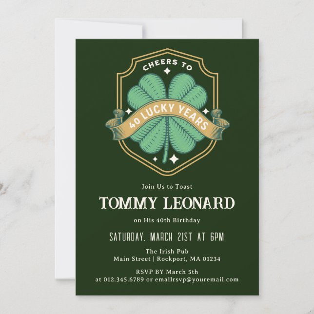 Cheers to 40 Years Lucky Shamrock Birthday Invitation (Front)