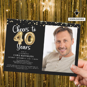 Cheers to 40 Years Photo Script Balloon Confetti Invitation