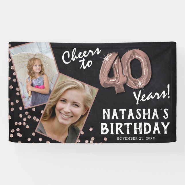 Cheers to 40 Years Rose Gold 2 Photo Birthday Banner (Horizontal)