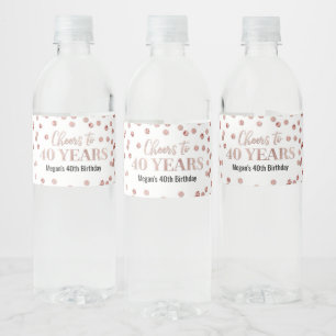 Cheers to 40 Years Rose Gold Confetti Birthday Water Bottle Label