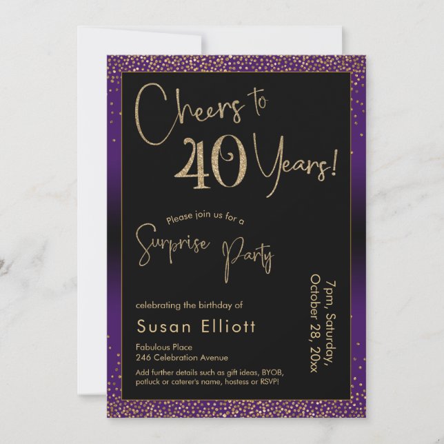 Cheers to 40 Years Surprise Birthday Party, Purple Invitation (Front)