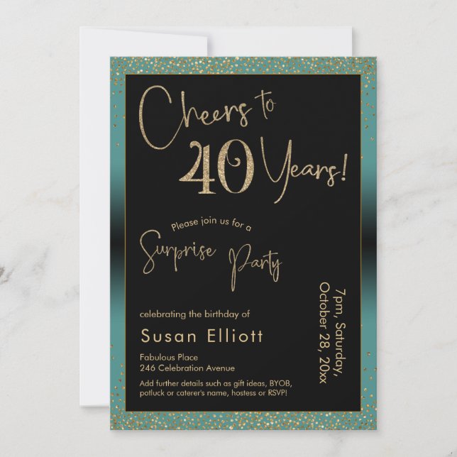 Cheers to 40 Years Surprise Birthday Party, Teal Invitation (Front)