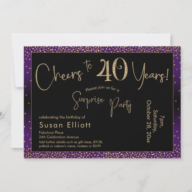Cheers to 40 Years Surprise Birthday, Purple Invitation (Front)