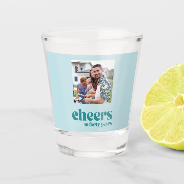 Cheers to 40 years, teal retro Custom Photo Cooler Shot Glass (Front)