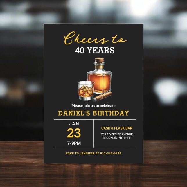 Cheers to 40 Years Whiskey Cigar Bourbon Birthday Invitation (Creator Uploaded)