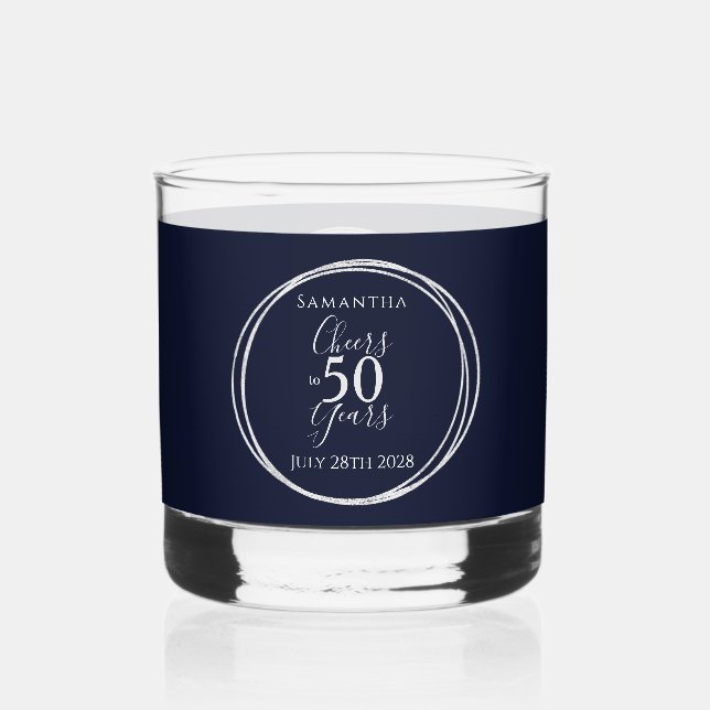 Cheers to 50 Years 50th Birthday Navy Silver Party Whiskey Glass (Front)