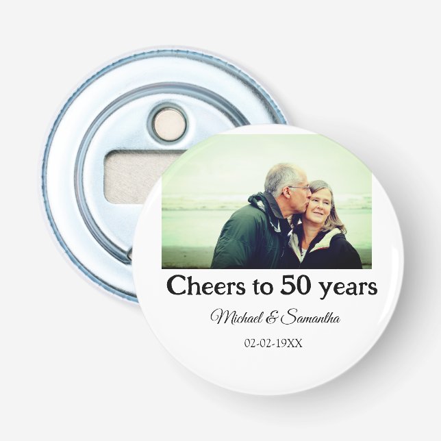 cheers to 50 years anniversary add name photo date bottle opener (Front)