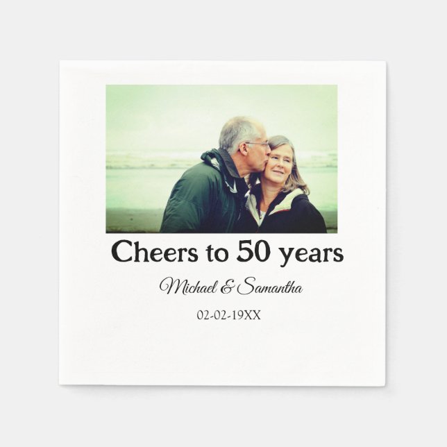 cheers to 50 years anniversary add name photo date napkin (Front)