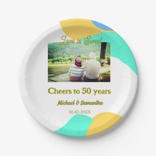 cheers to 50 years anniversary love is Sweet retro Paper Plate