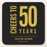 Cheers to 50 Years Birthday Celebration Square Paper Coaster<br><div class="desc">Birthday party coasters are personalised with the birthday years,  honoree's name and party date in gold on a black background,  or any colour you choose. Ideal for any birthday year celebration,  retirement party,  anniversary celebration,  party keepsake or any occasion. MORE colours in our collection.</div>