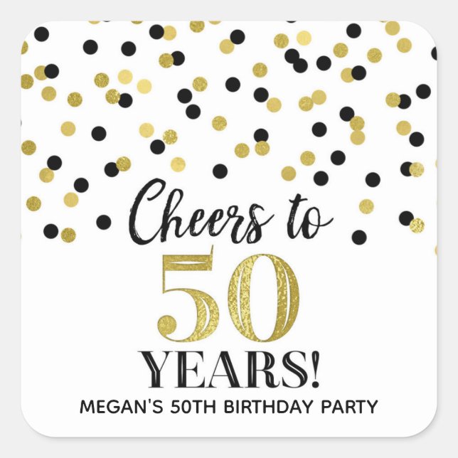 Cheers to 50 Years Birthday Gold Black Confetti Square Sticker (Front)