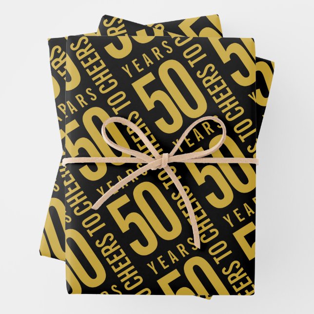 Cheers to 50 Years Birthday Gold Black Wrapping Paper Sheet (In situ)