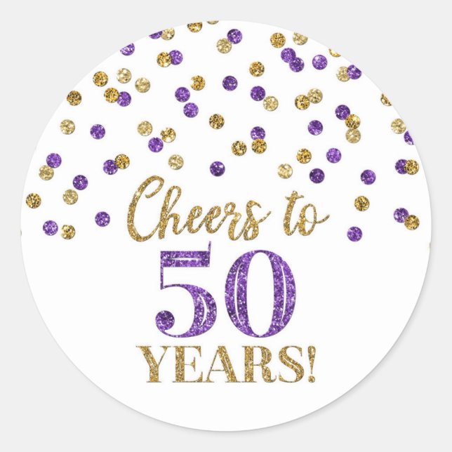 Cheers to 50 Years Birthday Gold Purple Confetti Classic Round Sticker (Front)