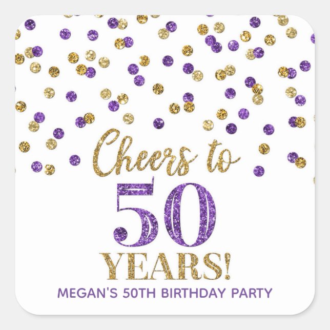 Cheers to 50 Years Birthday Gold Purple Confetti Square Sticker (Front)