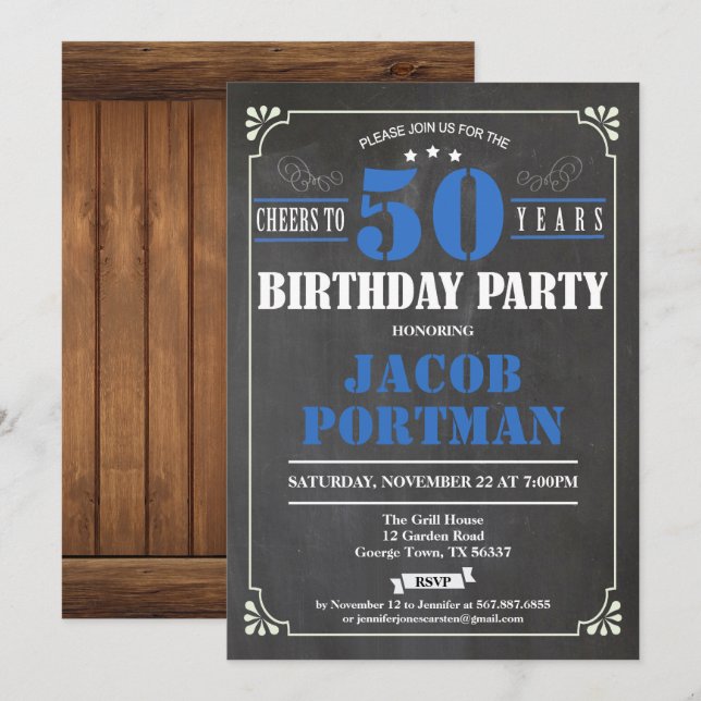 Cheers to 50 years birthday invitation. Retro Invitation (Front/Back)