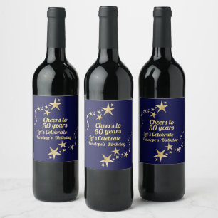 Cheers to 50 Years Birthday Navy and Gold Stars Wine Label