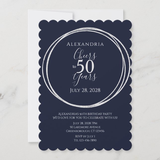 Cheers to 50 years birthday party navy silver invitation (Front)