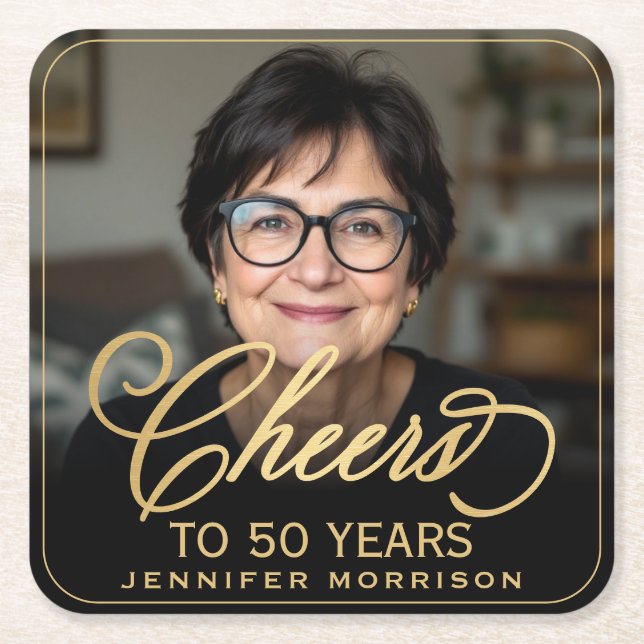 Cheers to 50 Years Birthday Photo Gold Black Square Paper Coaster (Front)