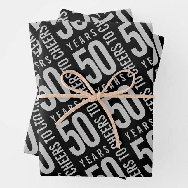Cheers to 50 Years Birthday Silver Black Wrapping Paper Sheet (In situ)