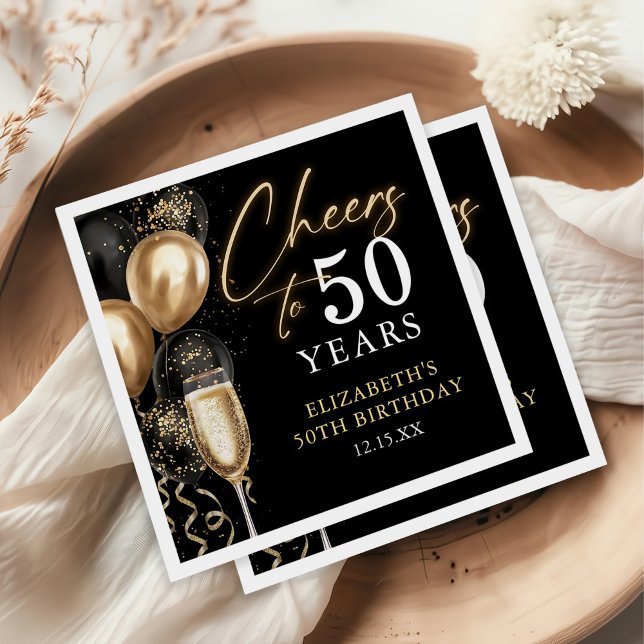 Cheers To 50 Years Black and Gold Balloons Napkin (Creator Uploaded)