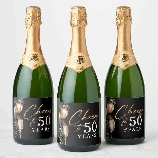 Cheers To 50 Years Black and Gold Balloons Sparkling Wine Label (Bottles)