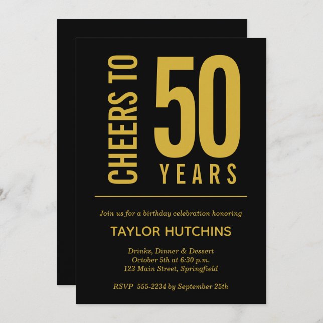 Cheers to 50 Years Black and Gold Birthday Invitation (Front/Back)