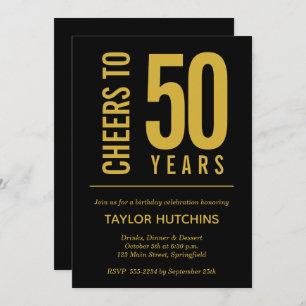 Cheers to 50 Years Black and Gold Birthday Invitation