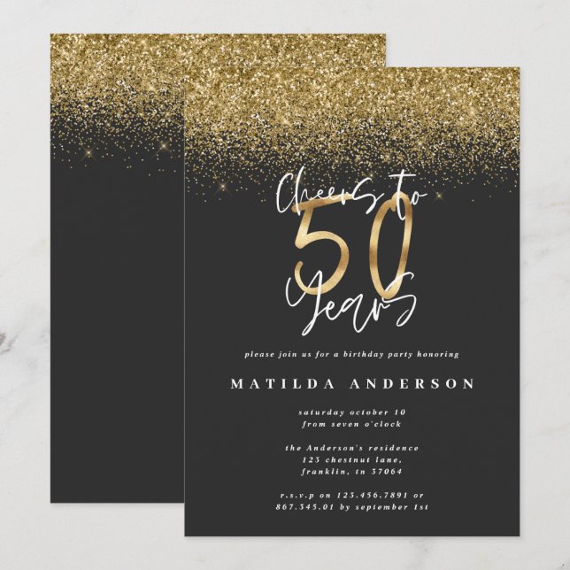 Cheers to 50 years black and gold glitter modern (Front/Back)