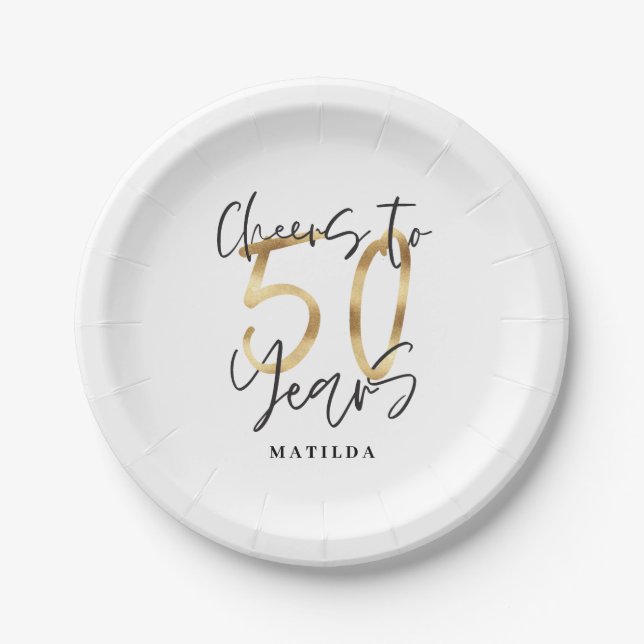 Cheers to 50 years black and gold modern stylish paper plate (Front)