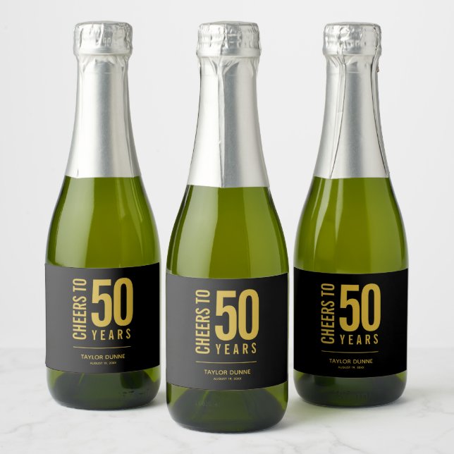 Cheers to 50 Years Black and Gold Sparkling Wine Label (Bottles)