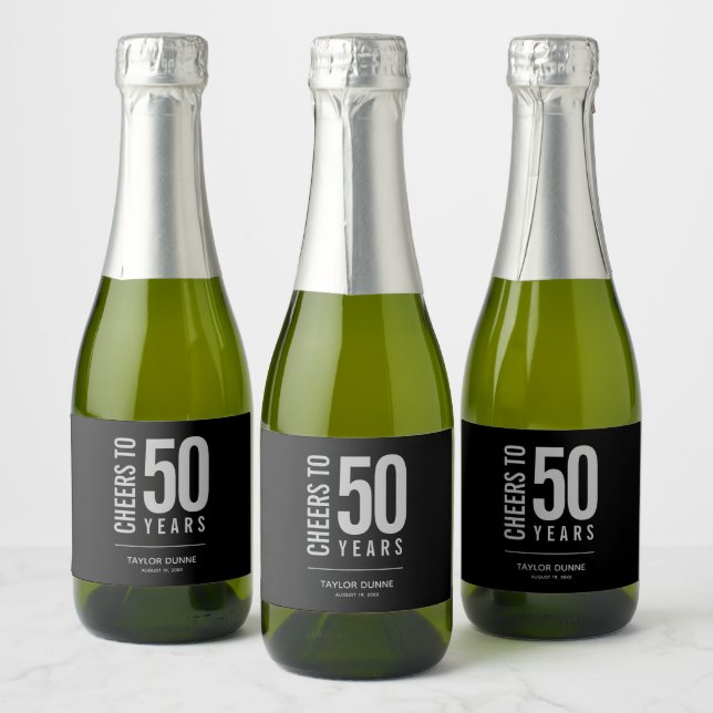 Cheers to 50 Years Black and Silver Sparkling Wine Label (Bottles)