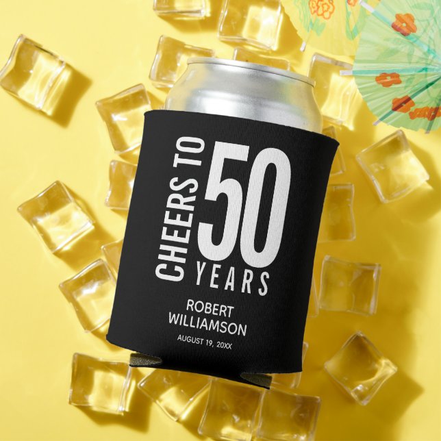 Cheers to 50 Years Black Birthday Can Cooler (In Situ Summer)