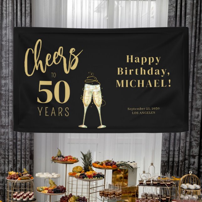 Cheers to 50 years black gold 50th birthday party banner (Creator Uploaded)