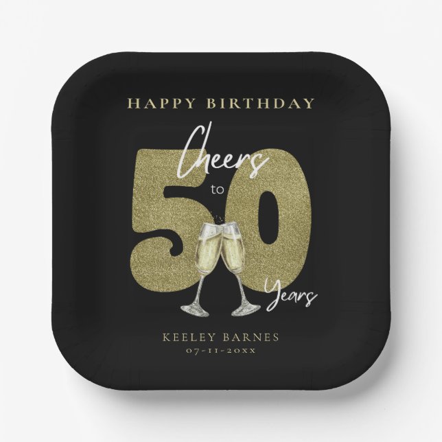 Cheers To 50 Years Black Gold Birthday Party Paper Plate (Front)