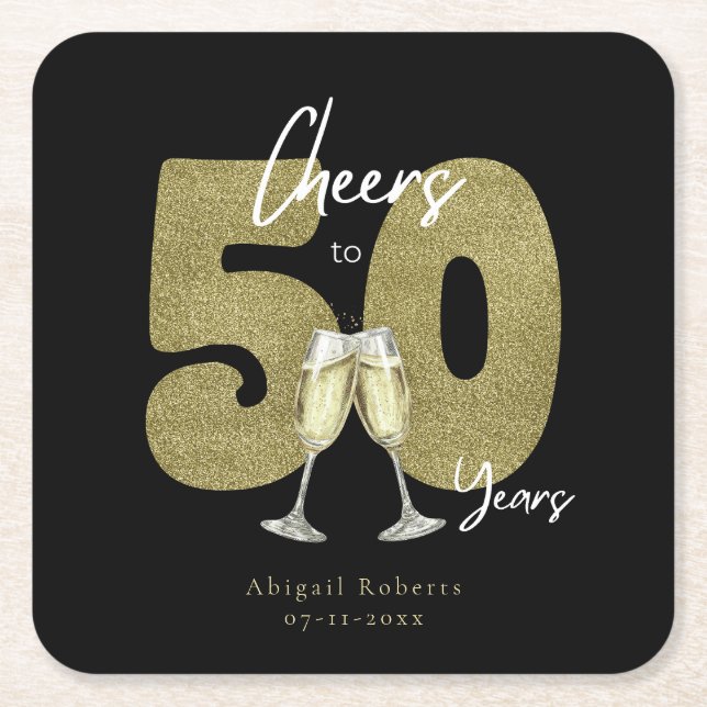 Cheers To 50 Years Black Gold  Square Paper Coaster (Front)