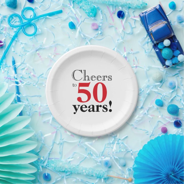 Cheers to 50 years fun retro cherry red black font paper plate (Party)
